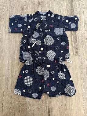 Navy Indigo Dot Pattern Baby Kimono Romper